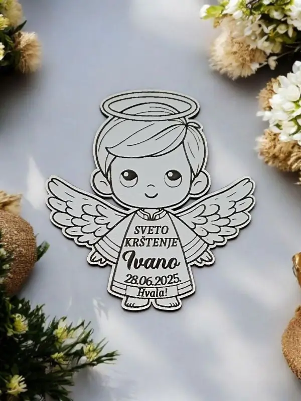 Personalizirani magnet zahvalnica anđeo dječak ili djevojčica s imenom i datumom